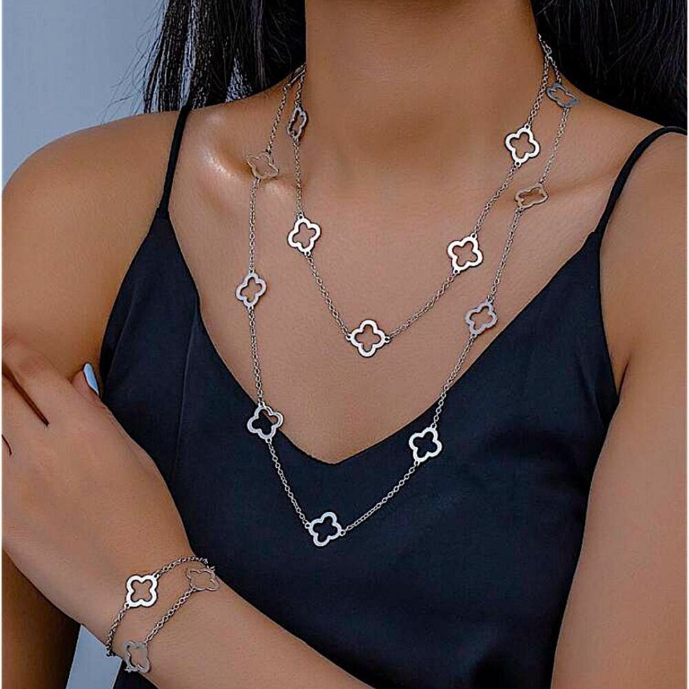 Silver Four Leaf  Necklace Bracelet Set Luxury Two Piece Set - Picture 2 of 4